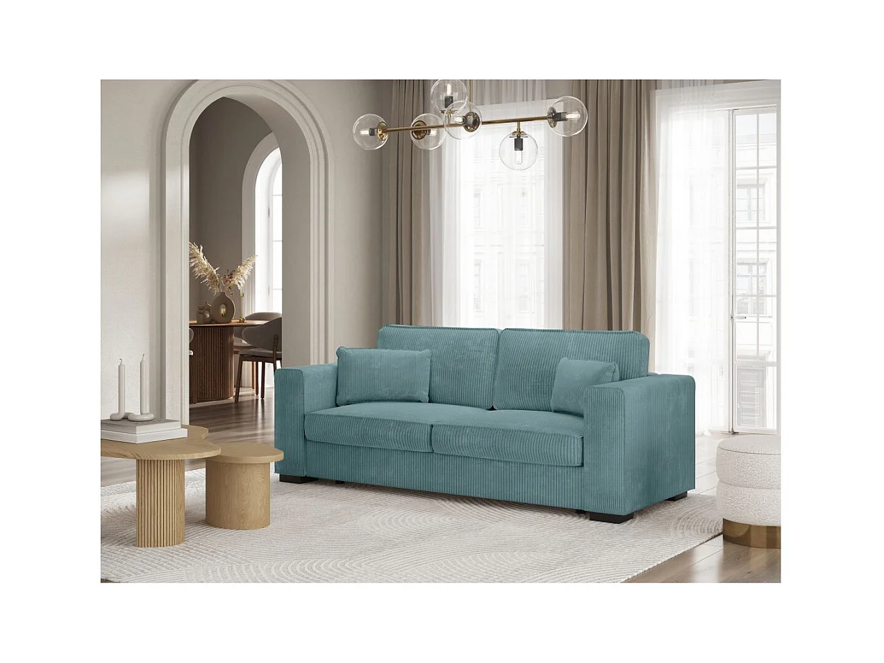 Canapé droit fixe 3 places Belami en velours côtelé - Bleu clair - L231 x P93 x H86cm - Loungitude