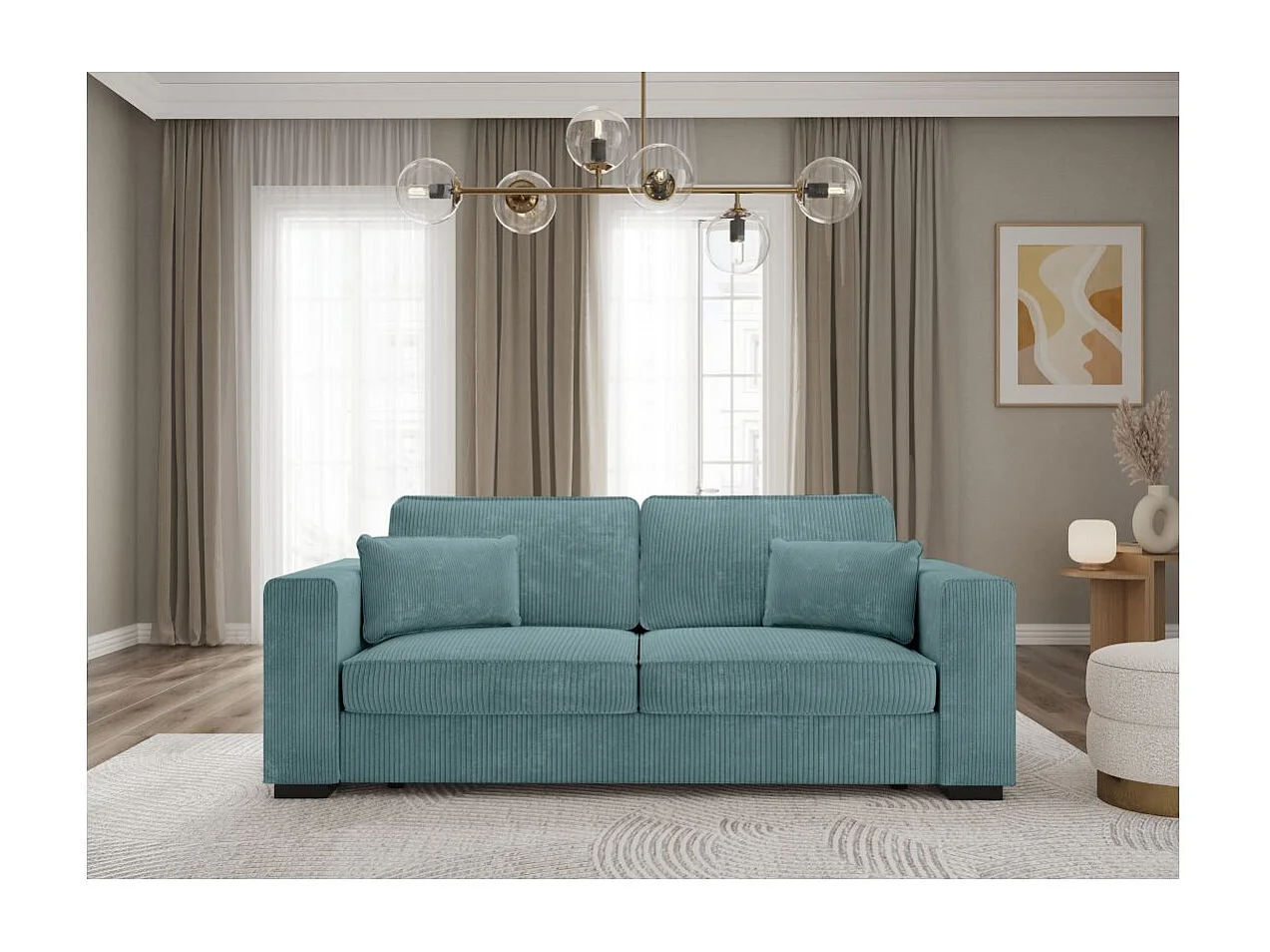 Canapé droit fixe 3 places Belami en velours côtelé - Bleu clair - L231 x P93 x H86cm - Loungitude
