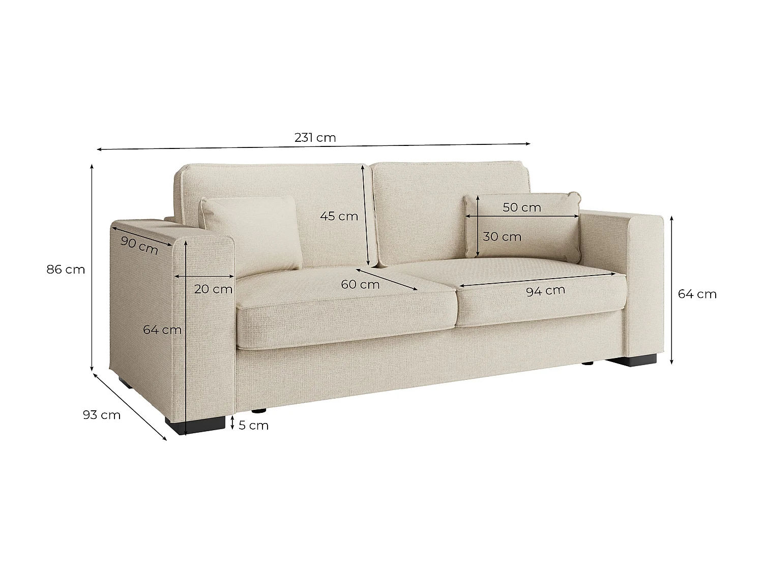 Canapé droit fixe 3 places Belami en tissu - Gris - L231 x P93 x H86cm - Loungitude