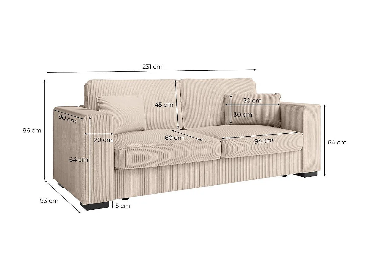 Canapé droit fixe 3 places Belami en velours côtelé - Terracotta - L231 x P93 x H86cm - Loungitude