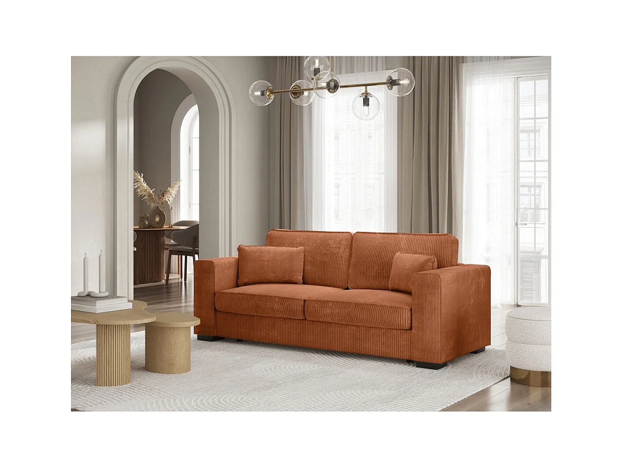 Canapé droit fixe 3 places Belami en velours côtelé - Terracotta - L231 x P93 x H86cm - Loungitude