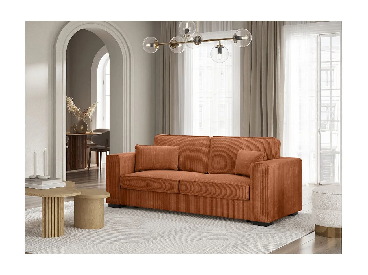 Canapé droit fixe 3 places Belami en velours côtelé - Terracotta - L231 x P93 x H86cm - Loungitude