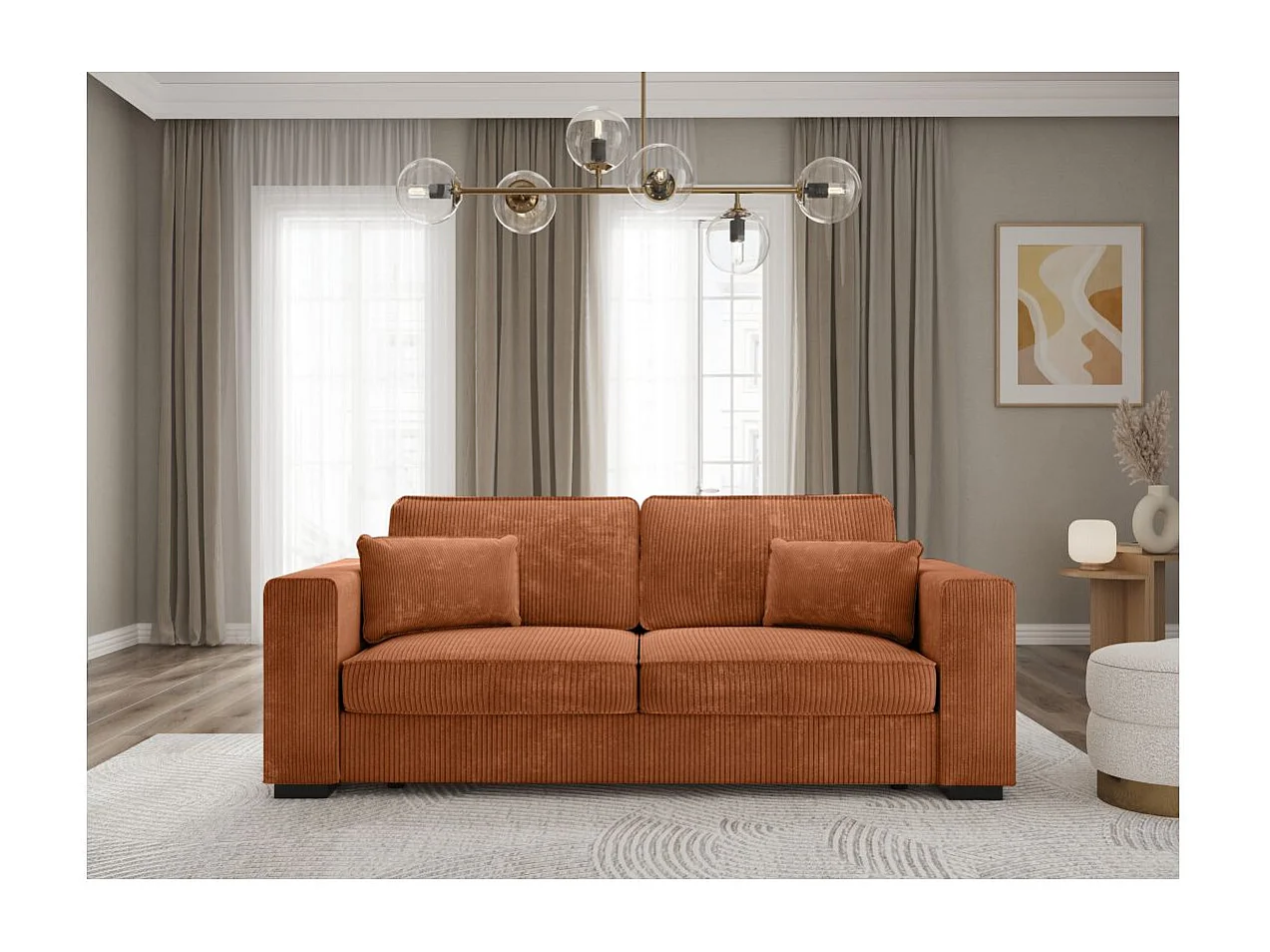 Canapé droit fixe 3 places Belami en velours côtelé - Terracotta - L231 x P93 x H86cm - Loungitude