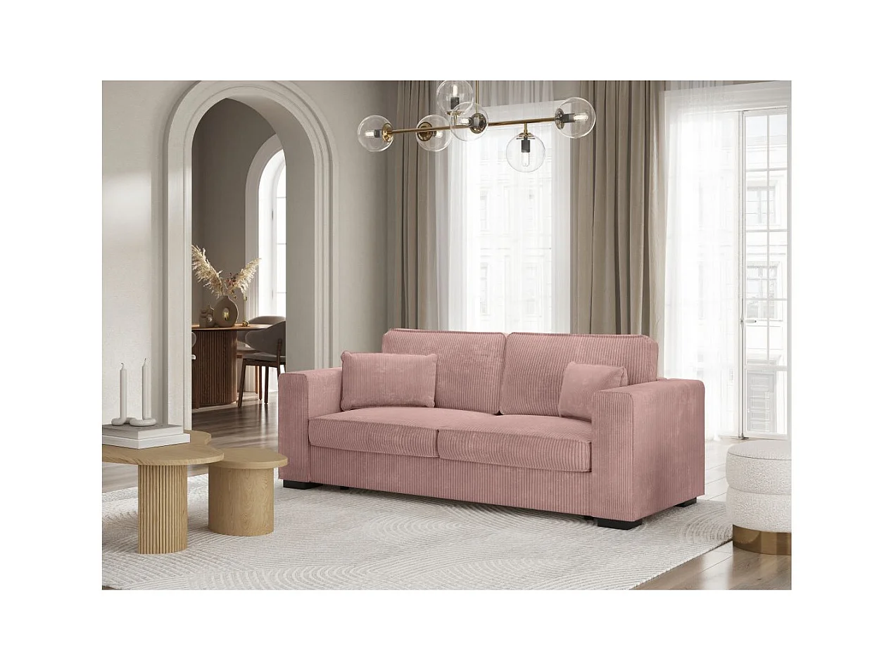 Canapé droit fixe 3 places Belami en velours côtelé - Rose - L231 x P93 x H86cm - Loungitude