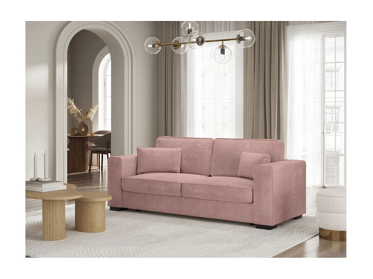 Canapé droit fixe 3 places Belami en velours côtelé - Rose - L231 x P93 x H86cm - Loungitude