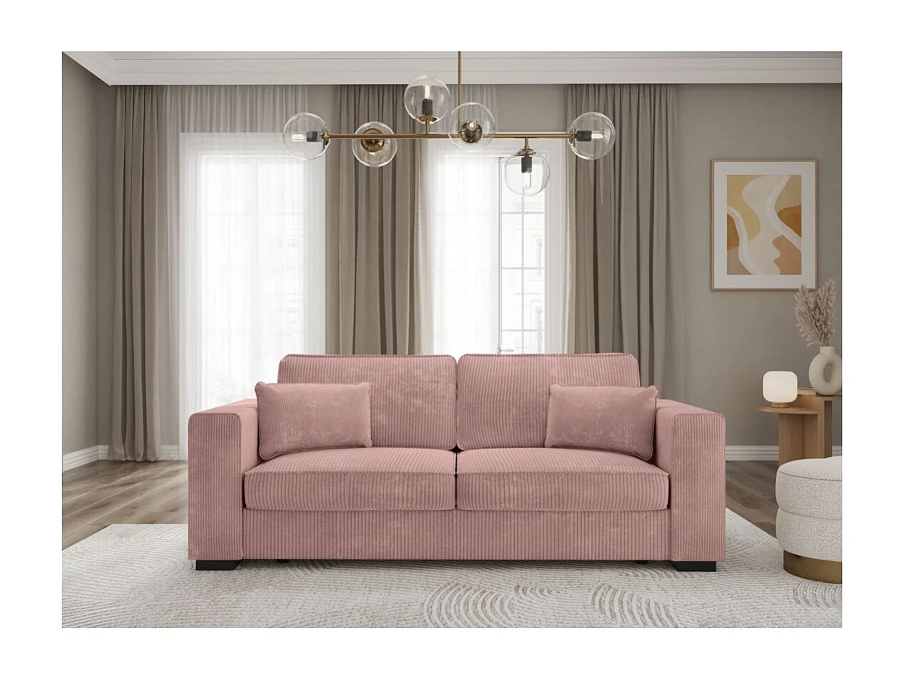 Canapé droit fixe 3 places Belami en velours côtelé - Rose - L231 x P93 x H86cm - Loungitude