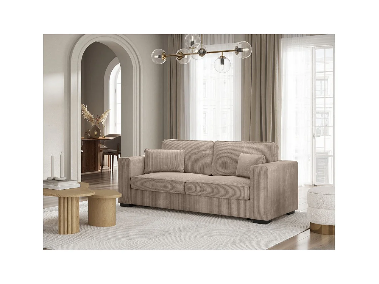 Canapé droit fixe 3 places Belami en velours côtelé - Taupe - L231 x P93 x H86cm - Loungitude
