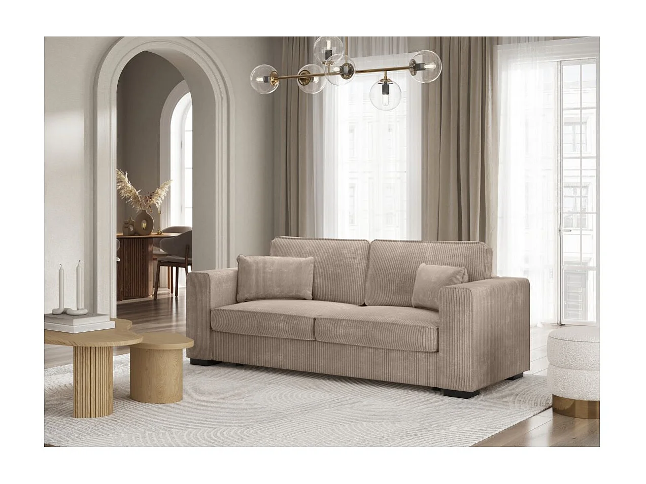 Canapé droit fixe 3 places Belami en velours côtelé - Taupe - L231 x P93 x H86cm - Loungitude