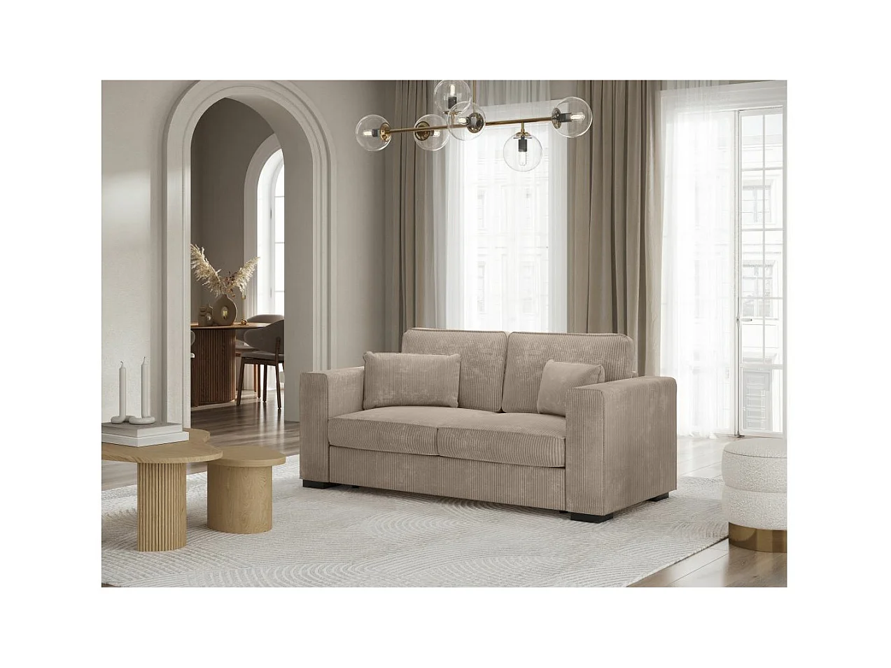 Canapé droit fixe 2 places Belami en velours côtelé - Taupe - L181 x P93 x H86cm - Loungitude