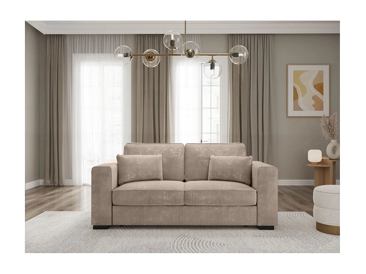 Canapé droit fixe 2 places Belami en velours côtelé - Taupe - L181 x P93 x H86cm - Loungitude