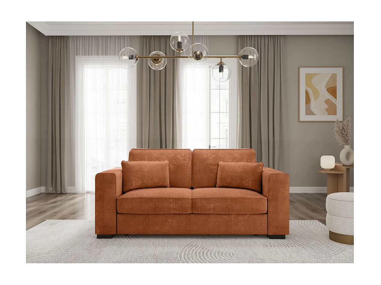 Canapé droit fixe 2 places Belami en velours côtelé - Terracotta - L181 x P93 x H86cm - Loungitude