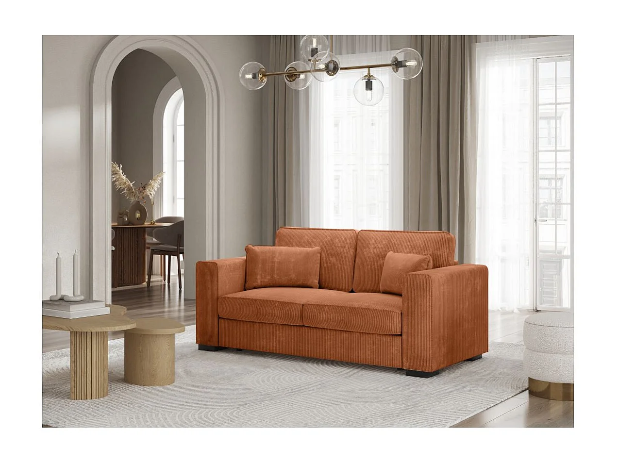 Canapé droit fixe 2 places Belami en velours côtelé - Terracotta - L181 x P93 x H86cm - Loungitude