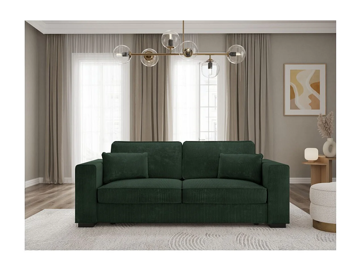 Canapé droit fixe 3 places Belami en velours côtelé - Vert foncé - L231 x P93 x H86cm - Loungitude