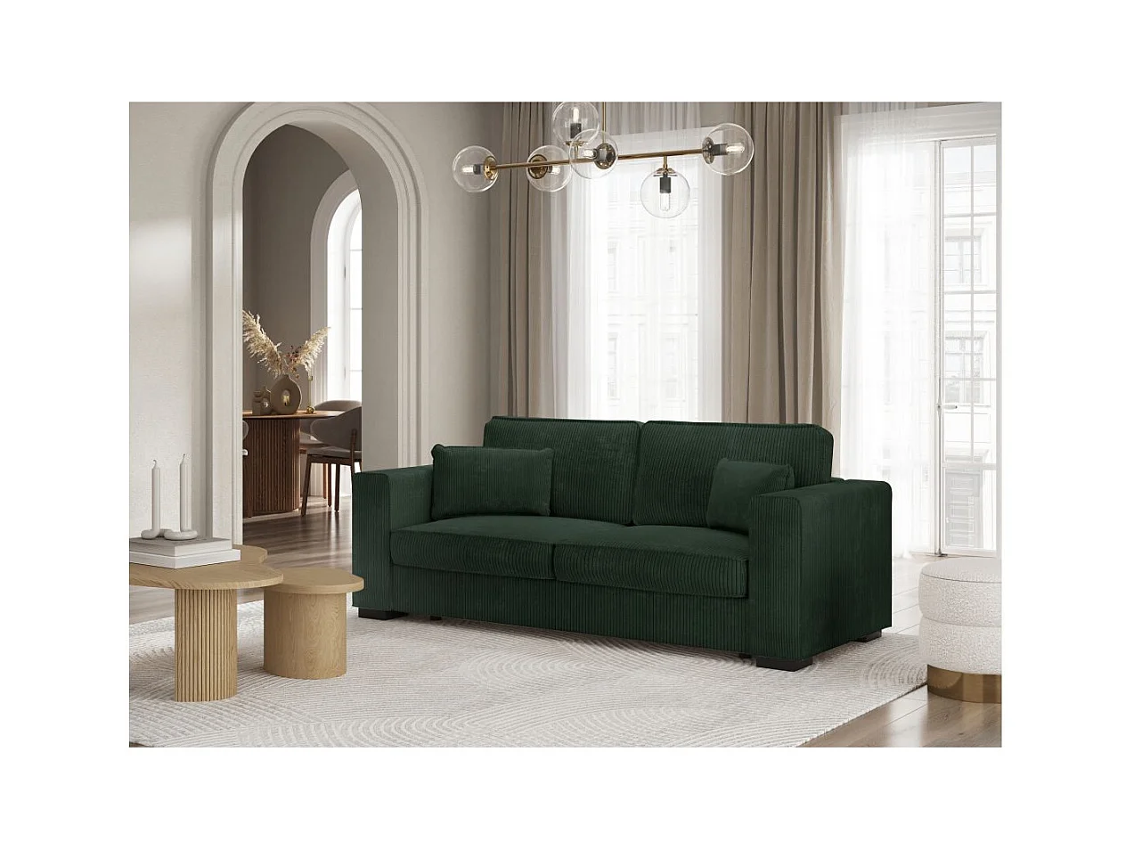 Canapé droit fixe 3 places Belami en velours côtelé - Vert foncé - L231 x P93 x H86cm - Loungitude