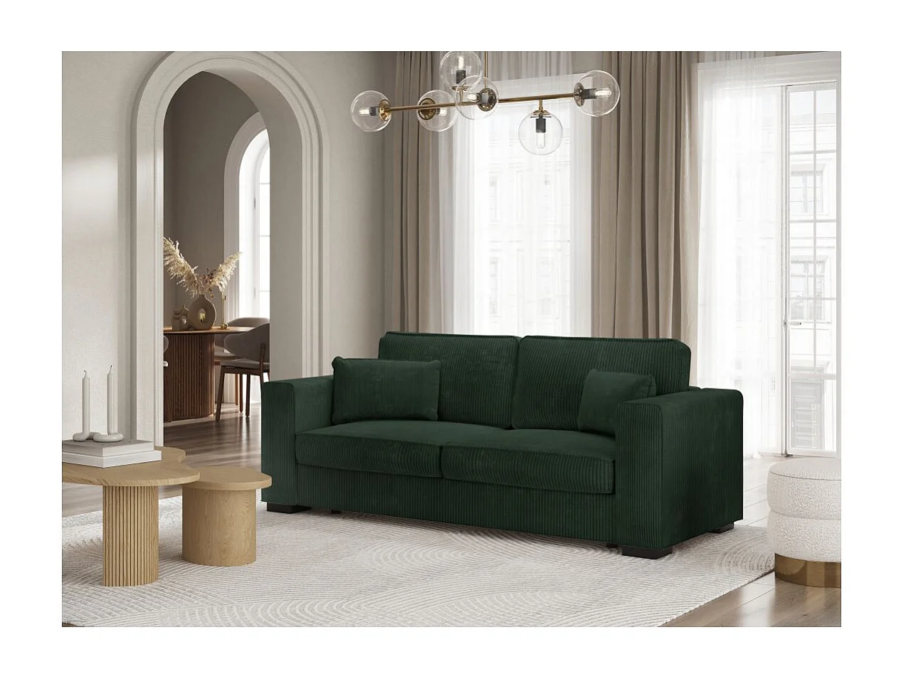 Canapé droit fixe 3 places Belami en velours côtelé - Vert foncé - L231 x P93 x H86cm - Loungitude