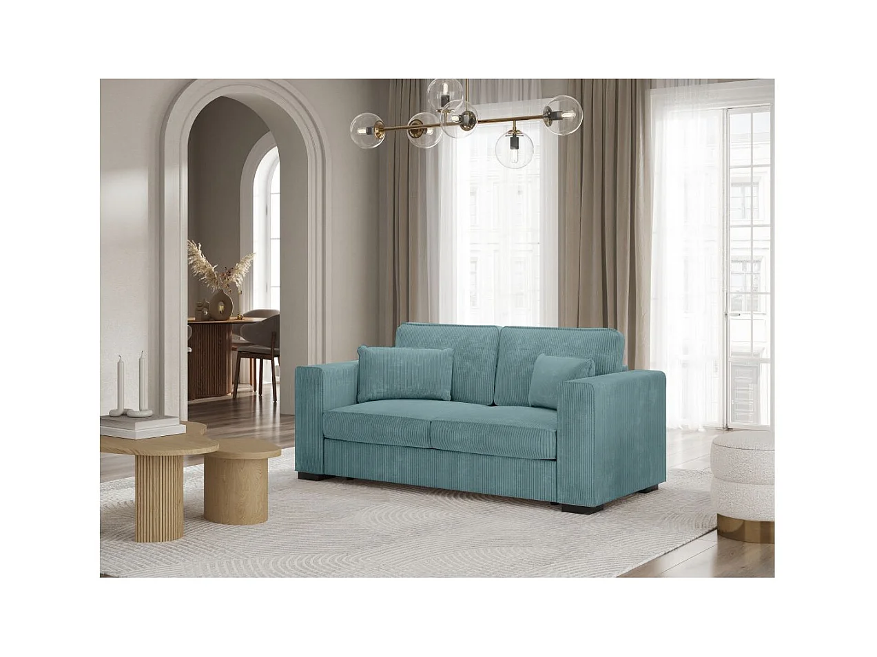 Canapé droit fixe 2 places Belami en velours côtelé - Bleu clair - L181 x P93 x H86cm - Loungitude
