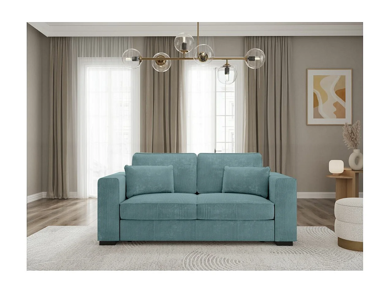 Canapé droit fixe 2 places Belami en velours côtelé - Bleu clair - L181 x P93 x H86cm - Loungitude