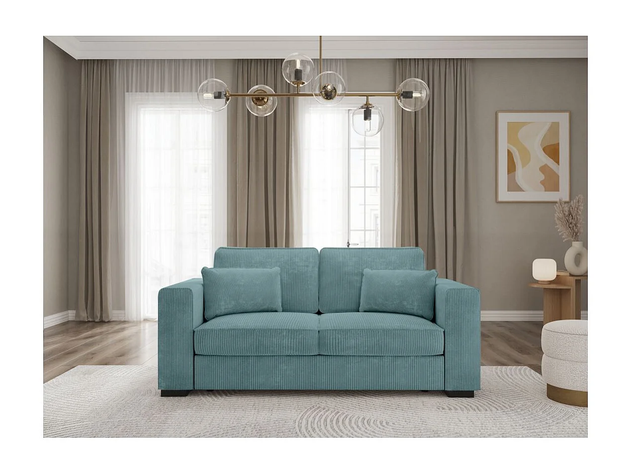Canapé droit fixe 2 places Belami en velours côtelé - Bleu clair - L181 x P93 x H86cm - Loungitude