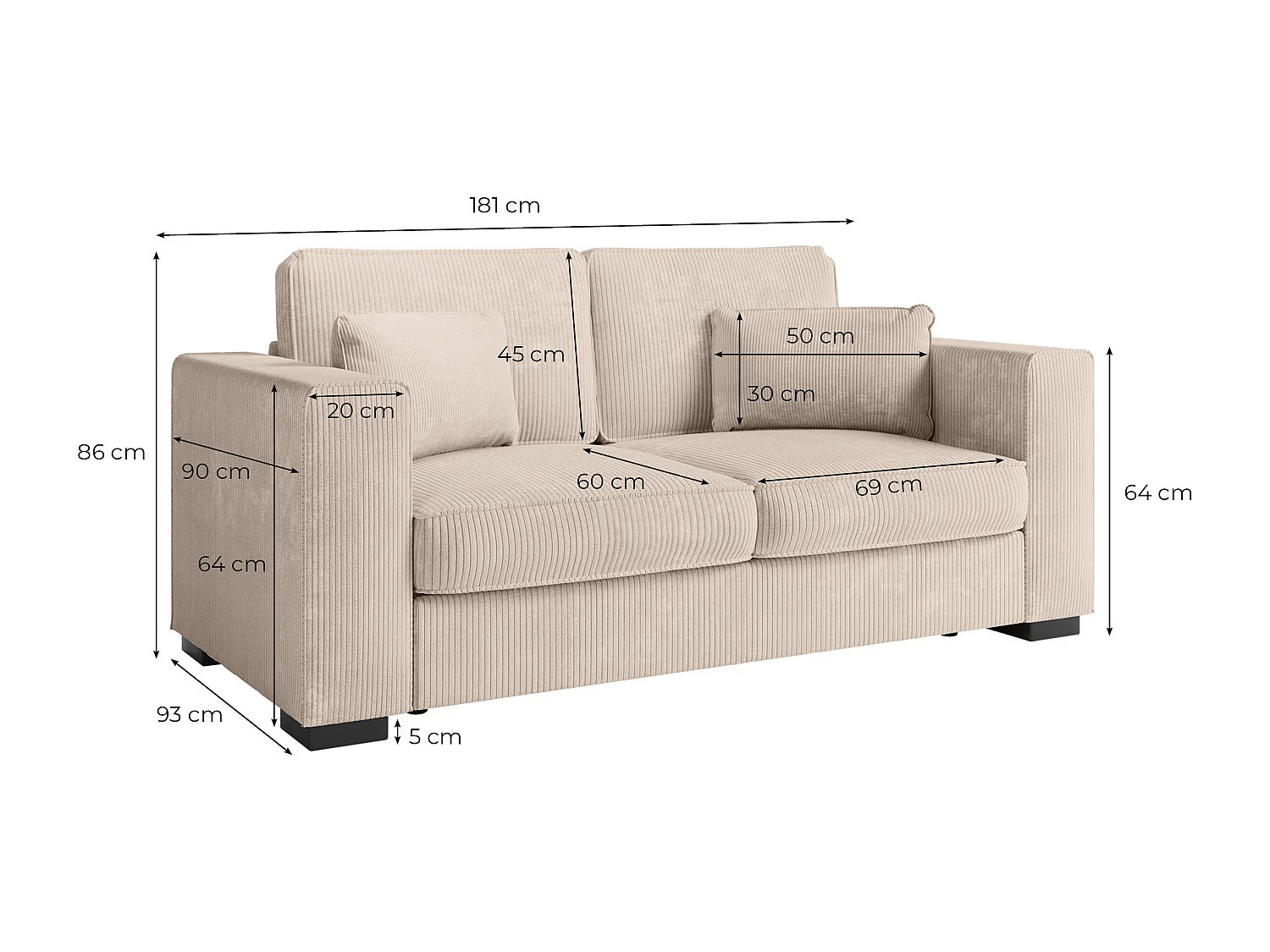 Canapé droit fixe 2 places Belami en velours côtelé - Bleu clair - L181 x P93 x H86cm - Loungitude