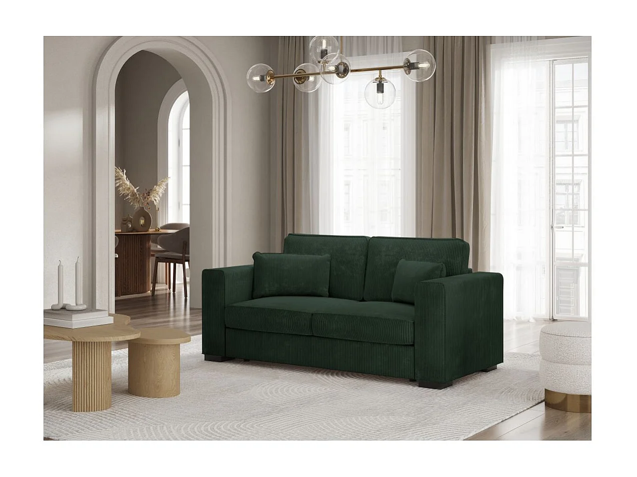 Canapé droit fixe 2 places Belami en velours côtelé - Vert foncé - L181 x P93 x H86cm - Loungitude