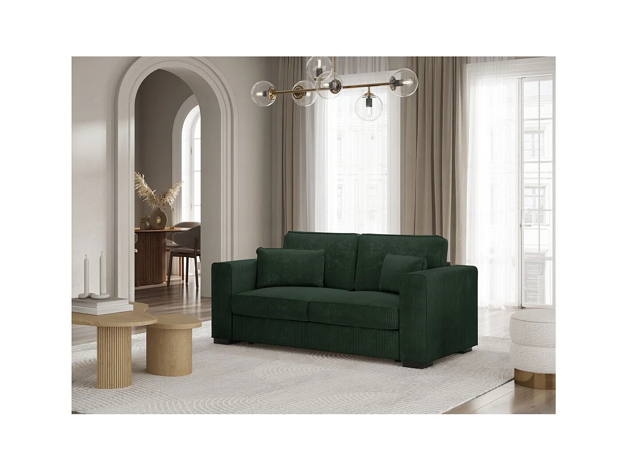Canapé droit fixe 2 places Belami en velours côtelé - Vert foncé - L181 x P93 x H86cm - Loungitude