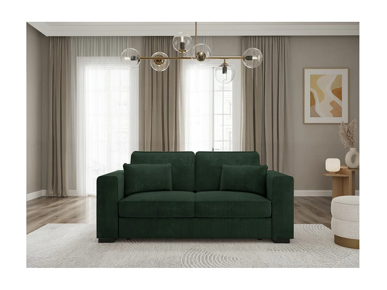 Canapé droit fixe 2 places Belami en velours côtelé - Vert foncé - L181 x P93 x H86cm - Loungitude