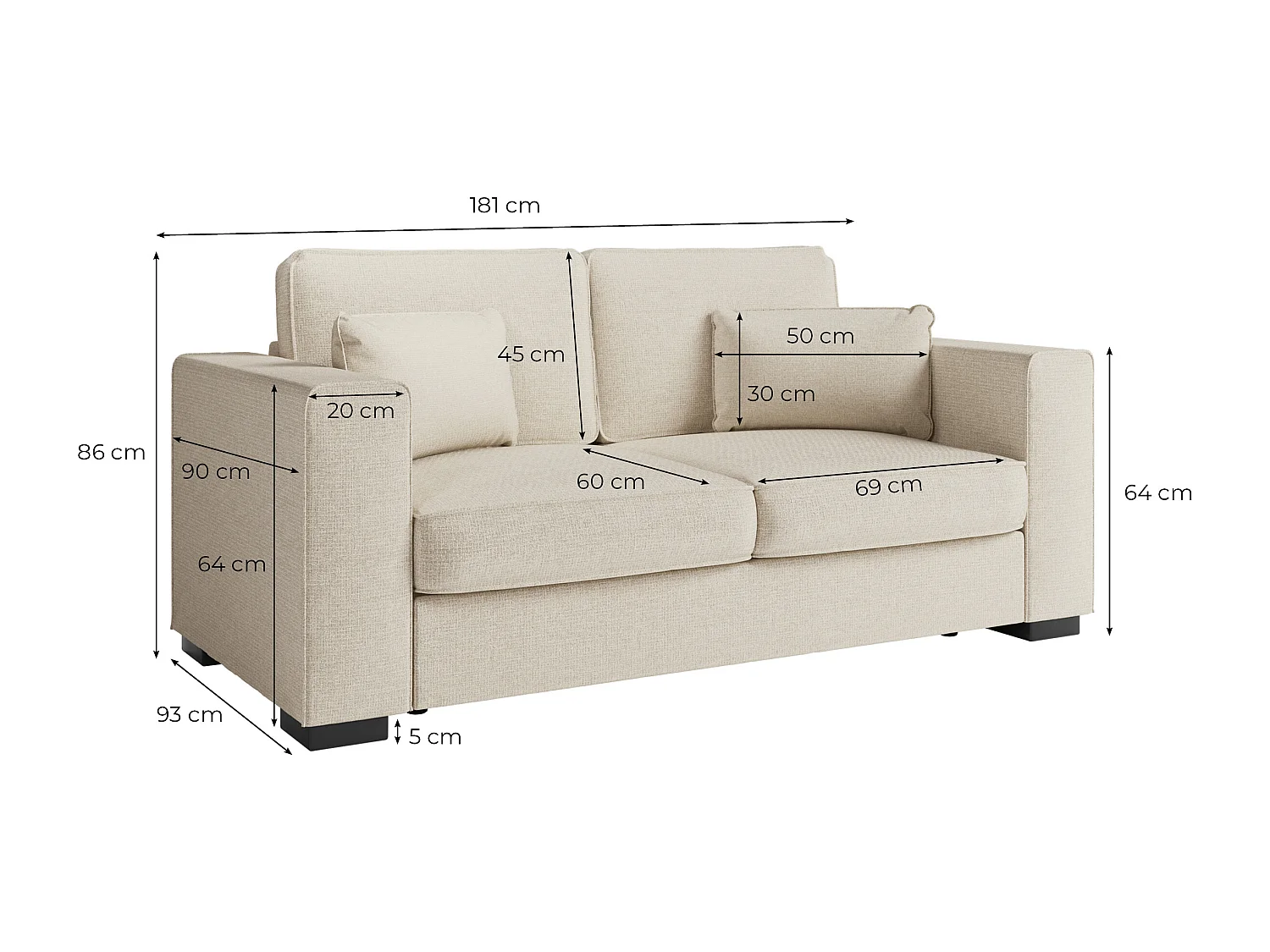 Canapé droit fixe 2 places Belami en tissu - Beige - L181 x P93 x H86cm - Loungitude