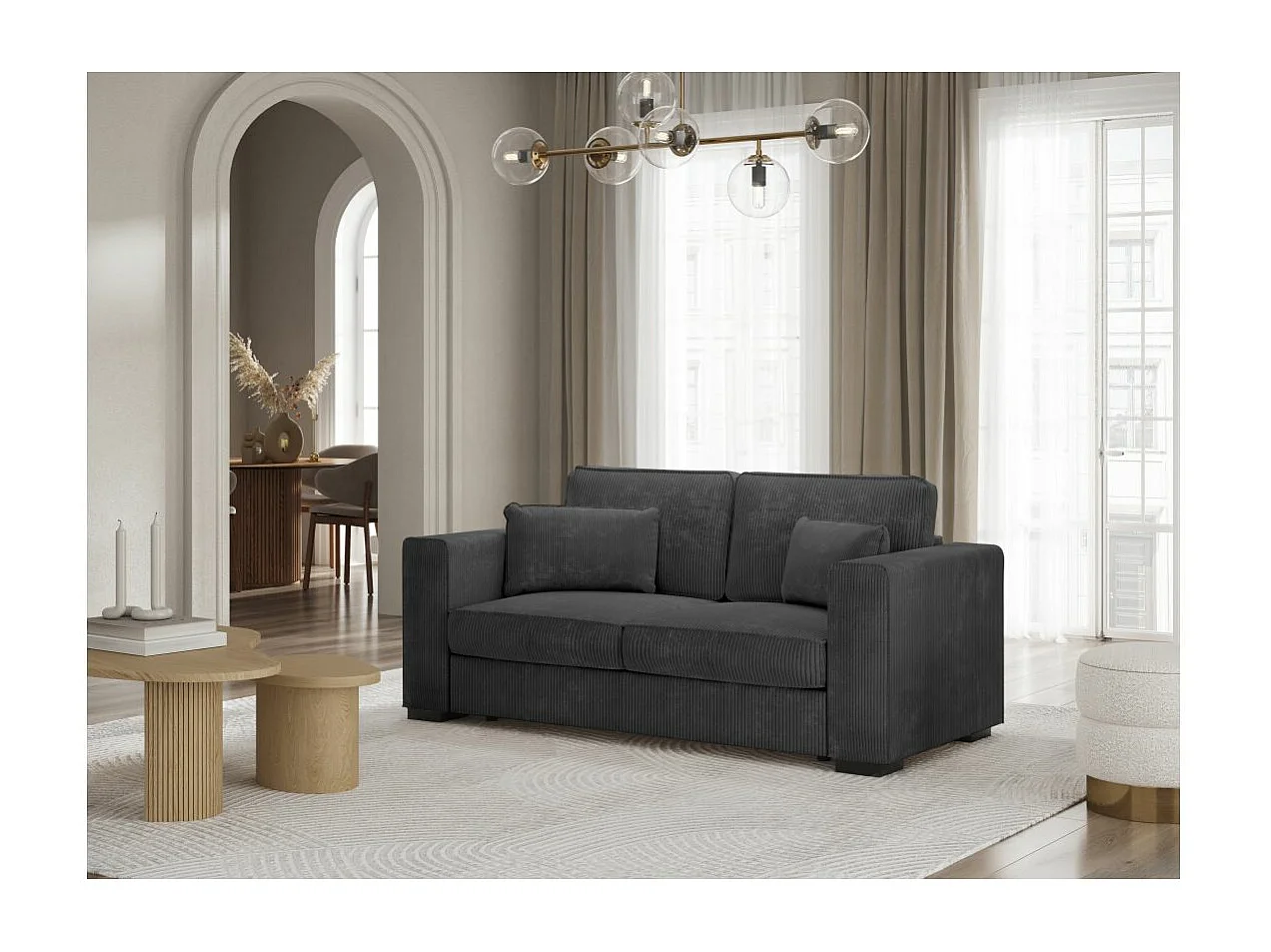 Canapé droit fixe 2 places Belami en velours côtelé - Gris anthracite - L181 x P93 x H86cm - Loungitude