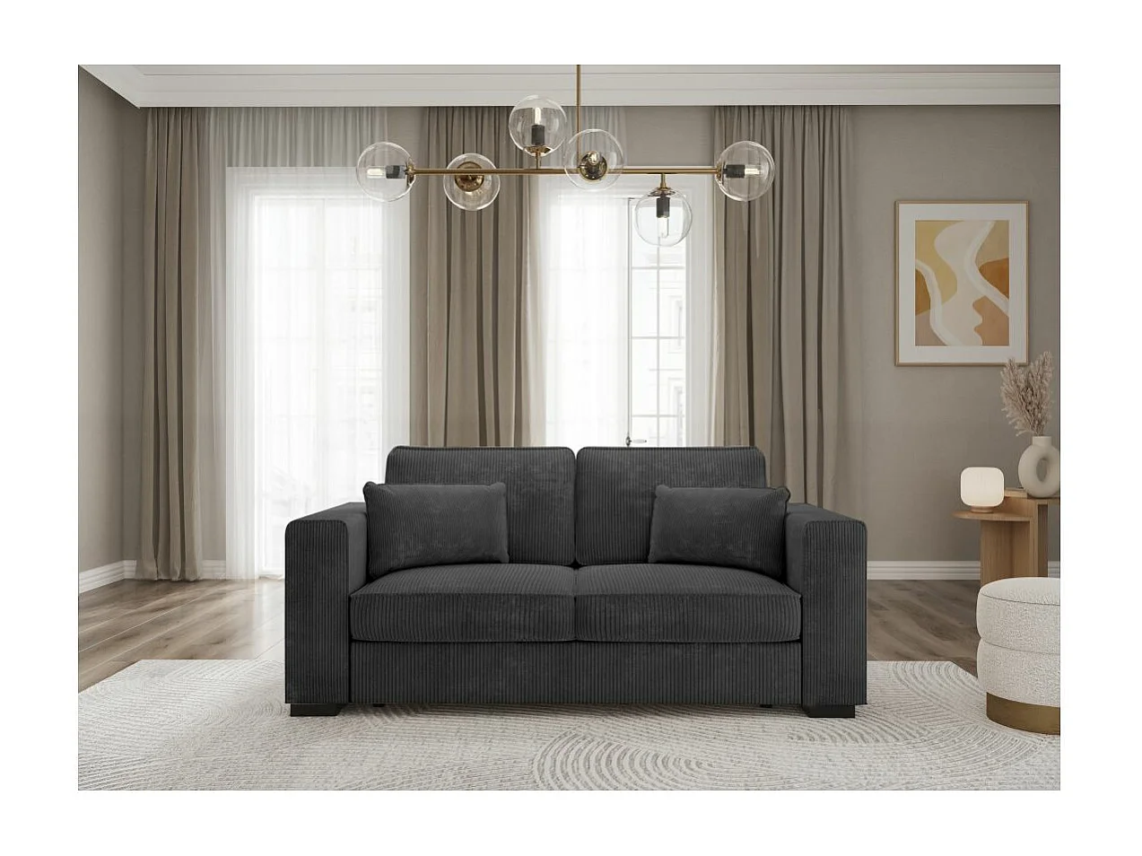 Canapé droit fixe 2 places Belami en velours côtelé - Gris anthracite - L181 x P93 x H86cm - Loungitude
