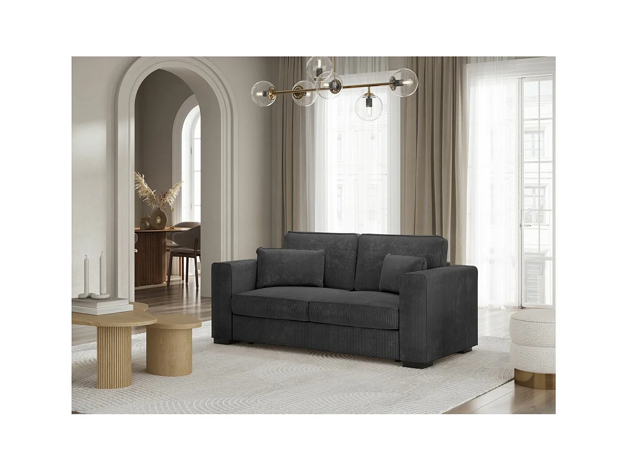Canapé droit fixe 2 places Belami en velours côtelé - Gris anthracite - L181 x P93 x H86cm - Loungitude