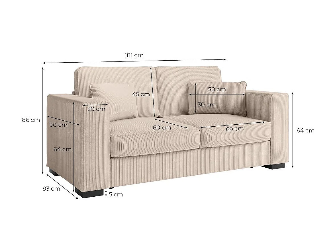 Canapé droit fixe 2 places Belami en velours côtelé - Gris anthracite - L181 x P93 x H86cm - Loungitude