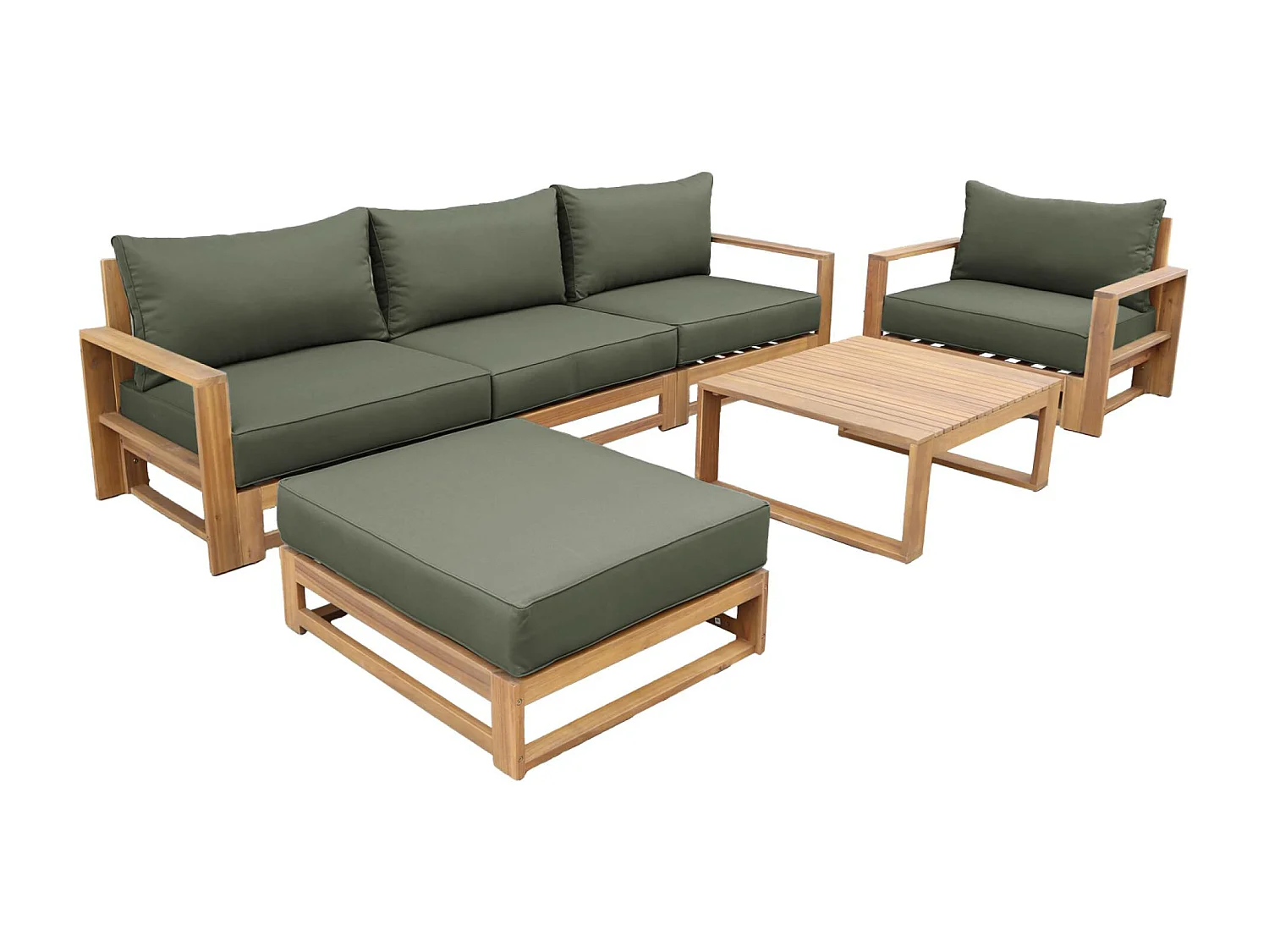 Salon de jardin en bois 5 places - kaki. canapé. fauteuils et table basse en acacia. 6 éléments modulables. 273 x 75 x 72.5cm