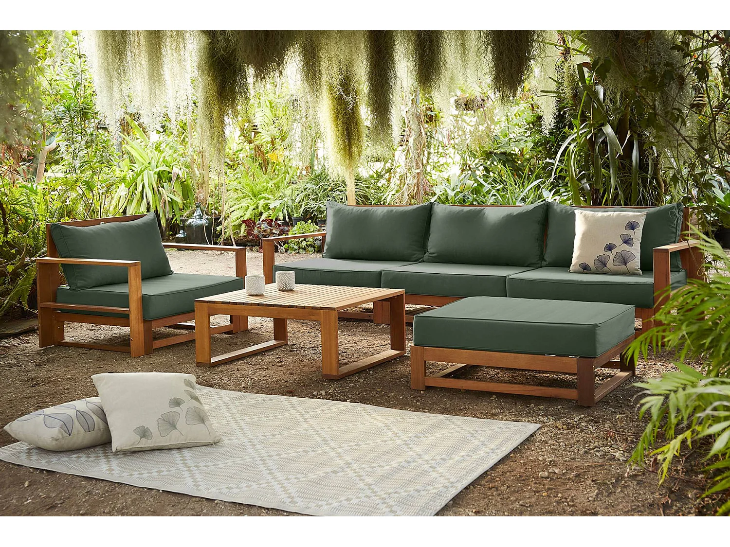 Salon de jardin en bois 5 places - kaki. canapé. fauteuils et table basse en acacia. 6 éléments modulables. 273 x 75 x 72.5cm