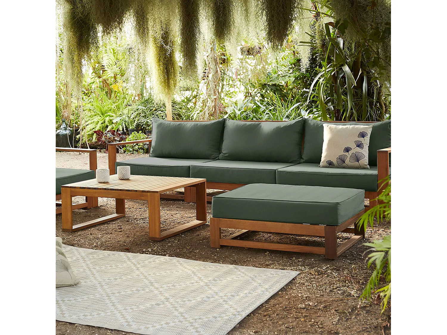 Salon de jardin en bois 5 places - kaki. canapé. fauteuils et table basse en acacia. 6 éléments modulables. 273 x 75 x 72.5cm