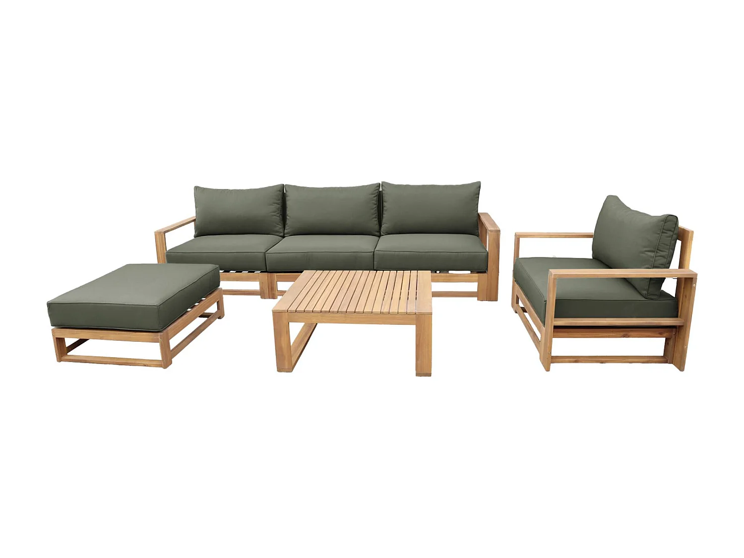 Salon de jardin en bois 5 places - kaki. canapé. fauteuils et table basse en acacia. 6 éléments modulables. 273 x 75 x 72.5cm