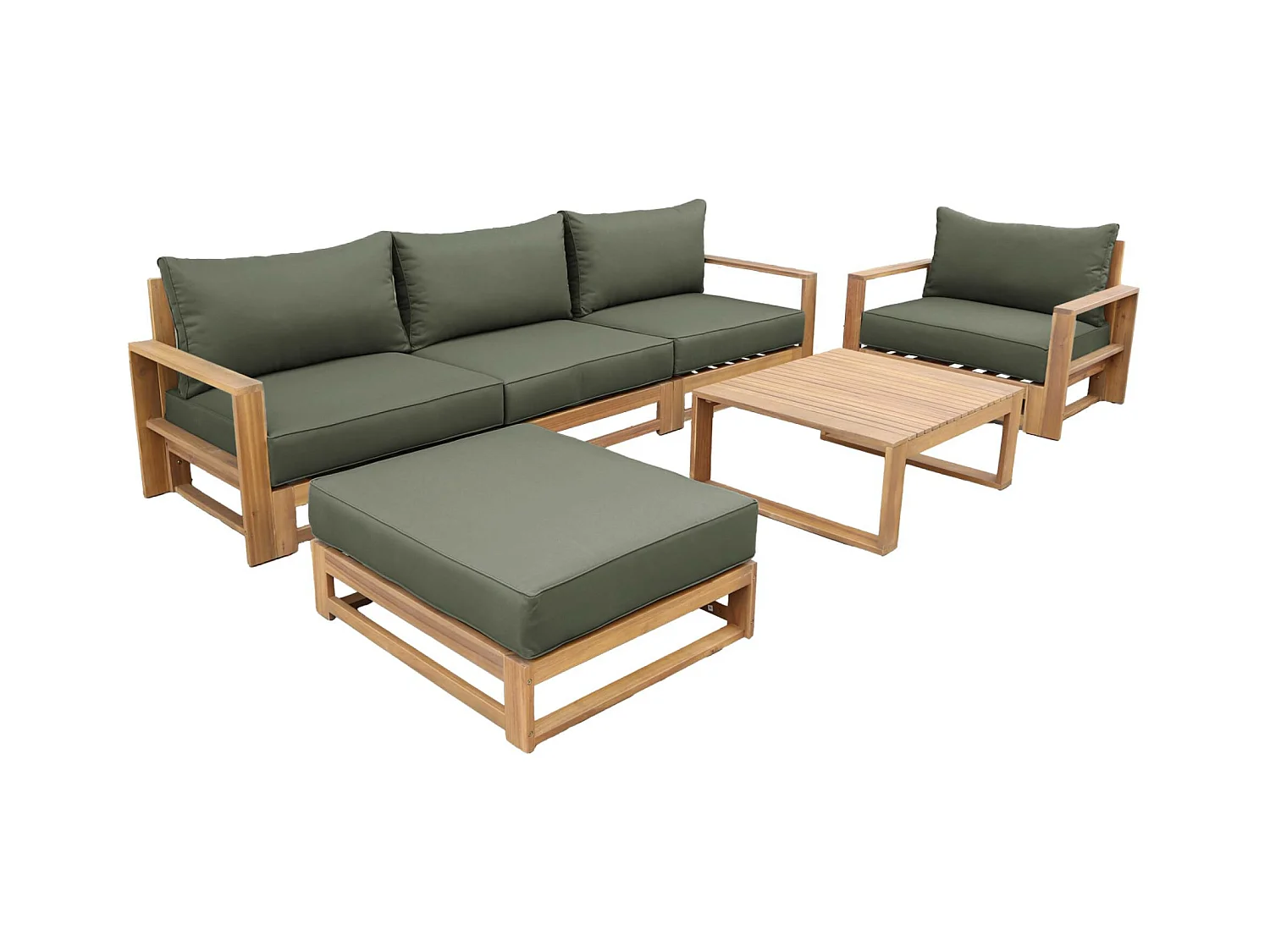 Salon de jardin en bois 5 places - kaki. canapé. fauteuils et table basse en acacia. 6 éléments modulables. 273 x 75 x 72.5cm