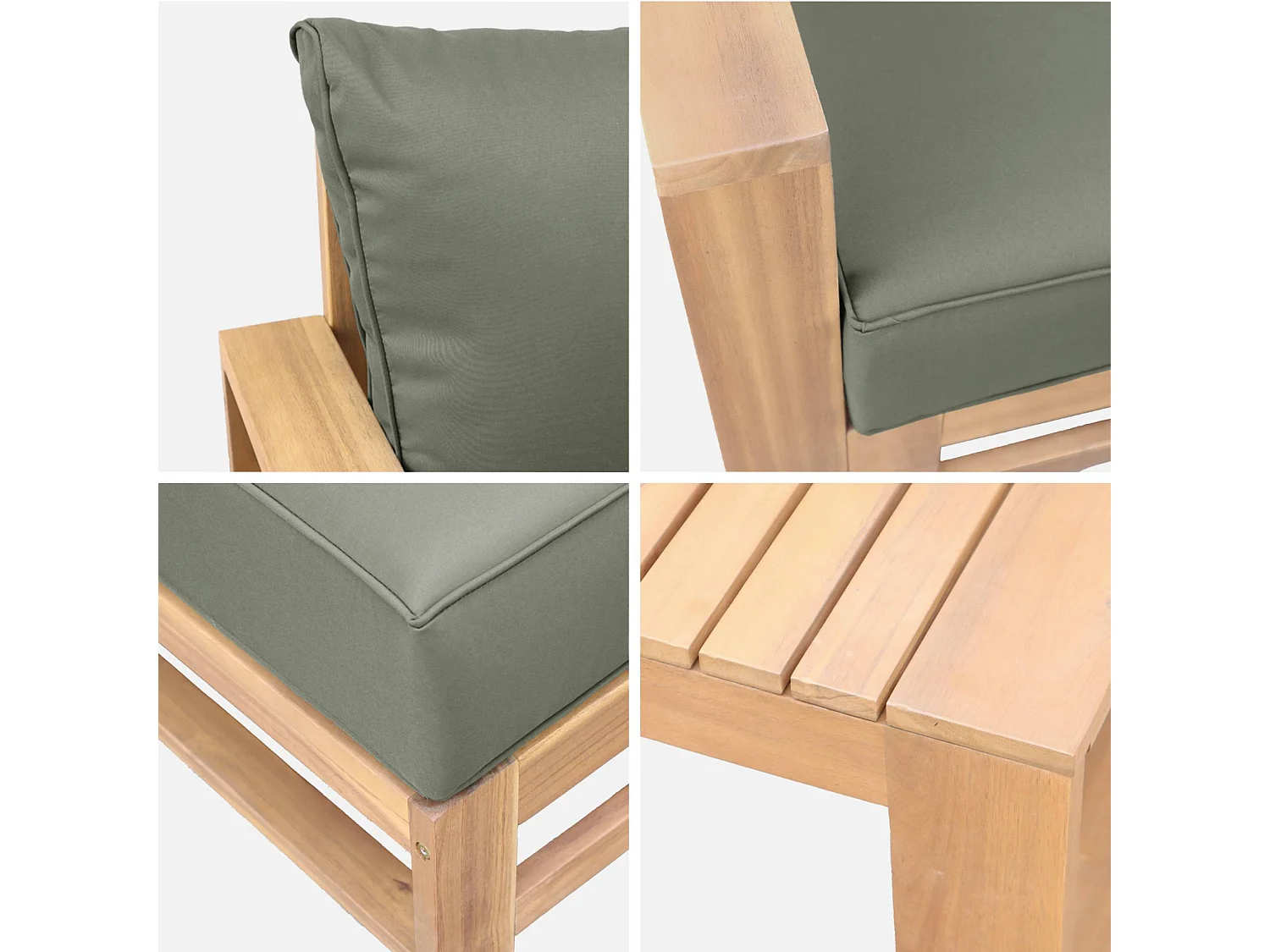 Salon de jardin en bois 5 places - kaki. canapé. fauteuils et table basse en acacia. 6 éléments modulables. 273 x 75 x 72.5cm