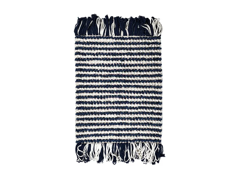 Tapis 60 x 80 cm texturé bleu marine et blanc avec franges – SOHO