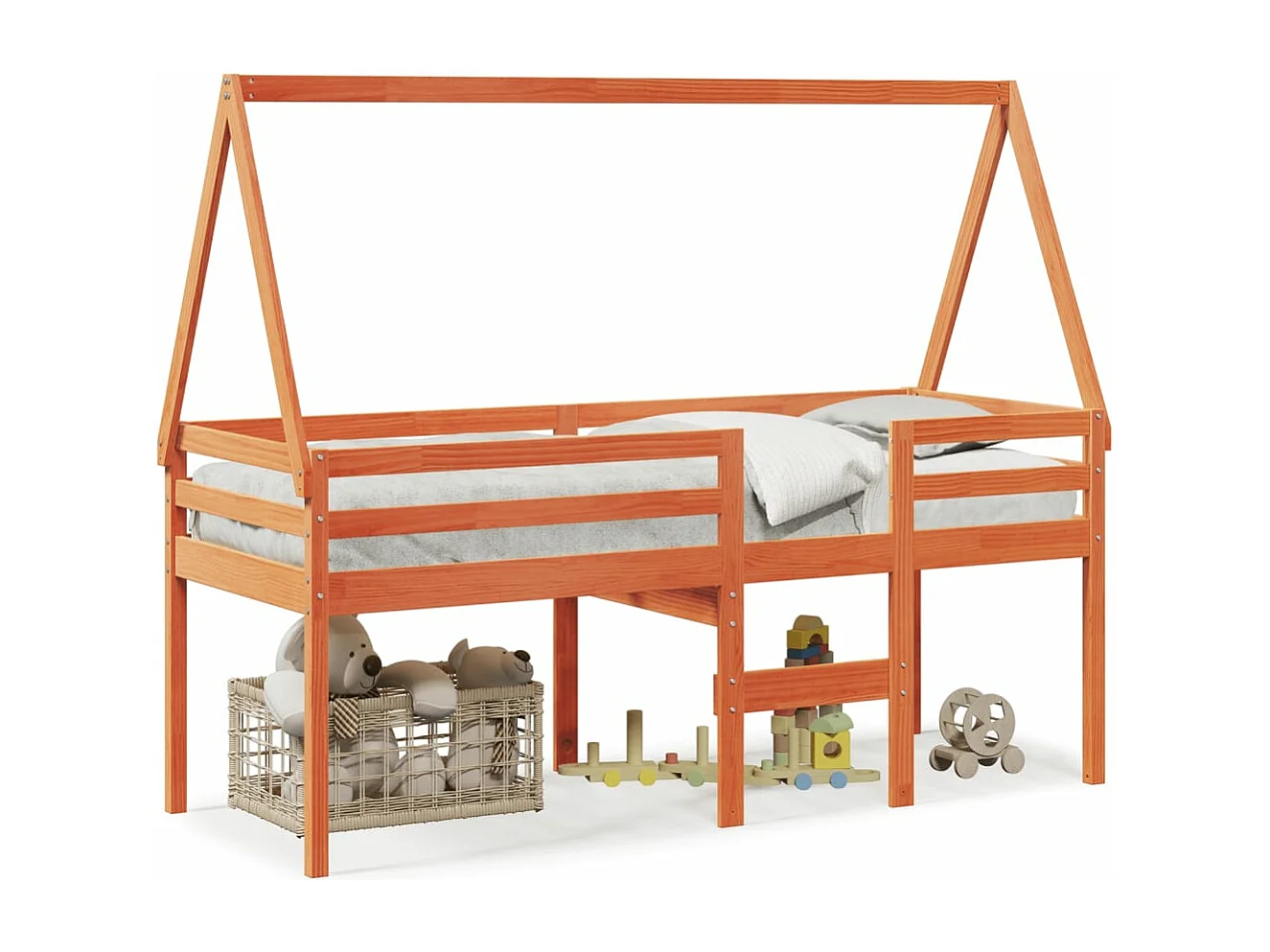 Cama alta con techo madera maciza de pino marrón cera 80x200 cm