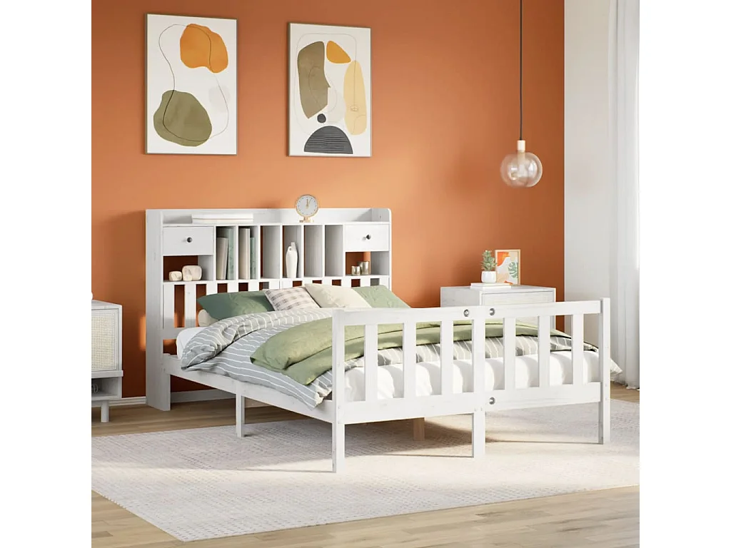 Cama con estantería sin colchón madera maciza blanca 150x200 cm