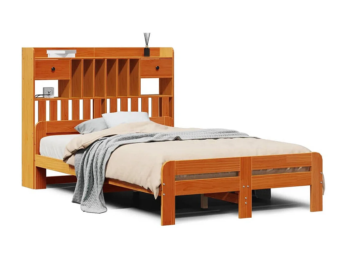 Cama con estantería sin colchón madera maciza marrón 135x190cm
