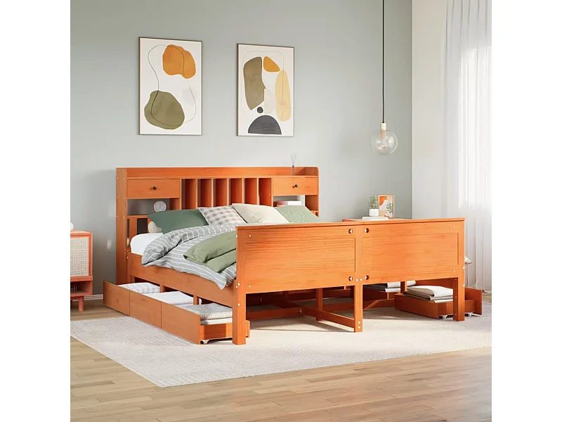 Cama con estantería sin colchón madera maciza marrón 200x200 cm