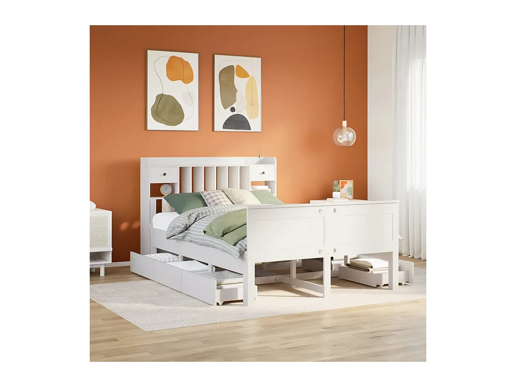 Cama con estantería sin colchón madera maciza blanca 140x190 cm