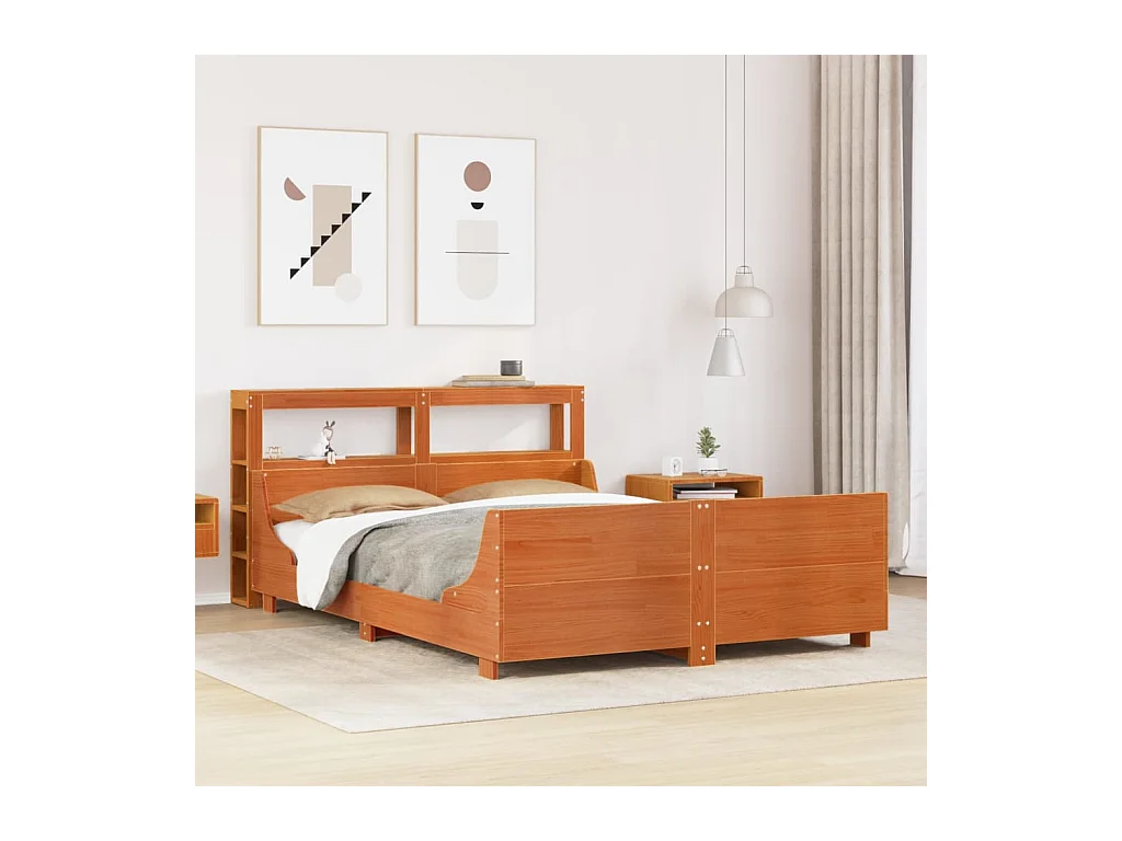 Cadre de lit sans matelas cire marron 135x190cm bois pin massif