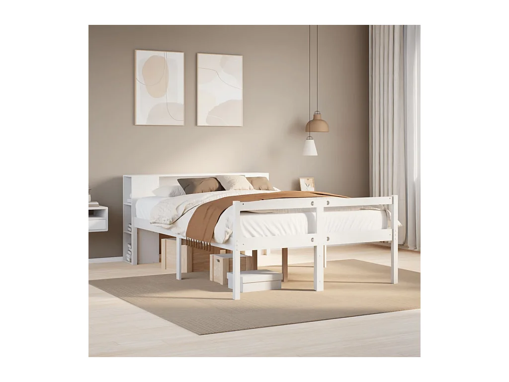 Lit bibliothèque sans matelas blanc 150x200 cm bois pin massif