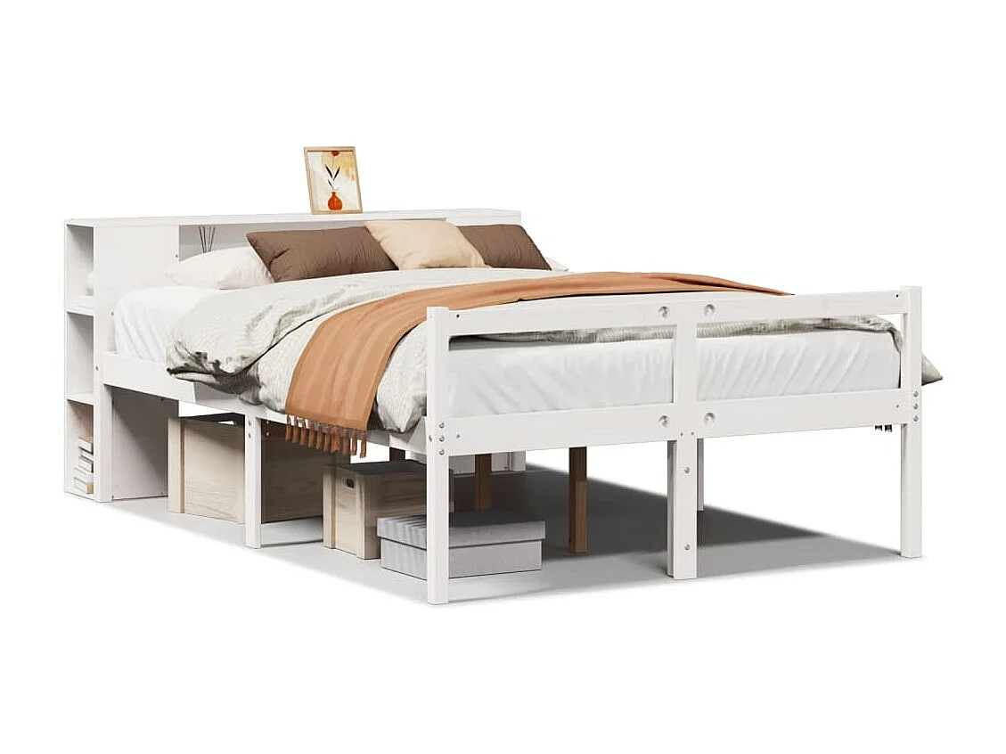 Cama con estantería sin colchón madera maciza blanca 150x200 cm
