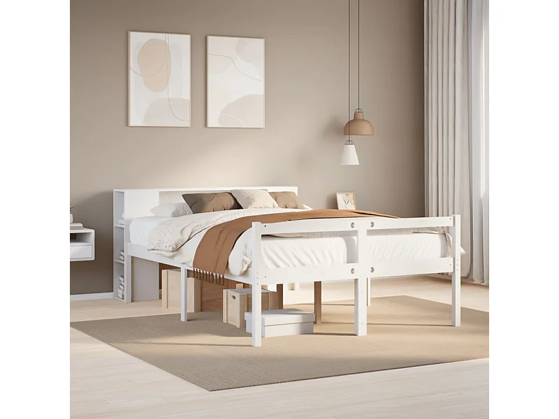 Cama con estantería sin colchón madera maciza blanca 150x200 cm