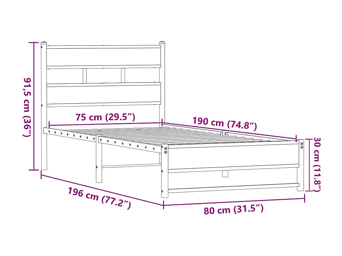 Cadre de lit en métal sans matelas chêne marron 75x190 cm