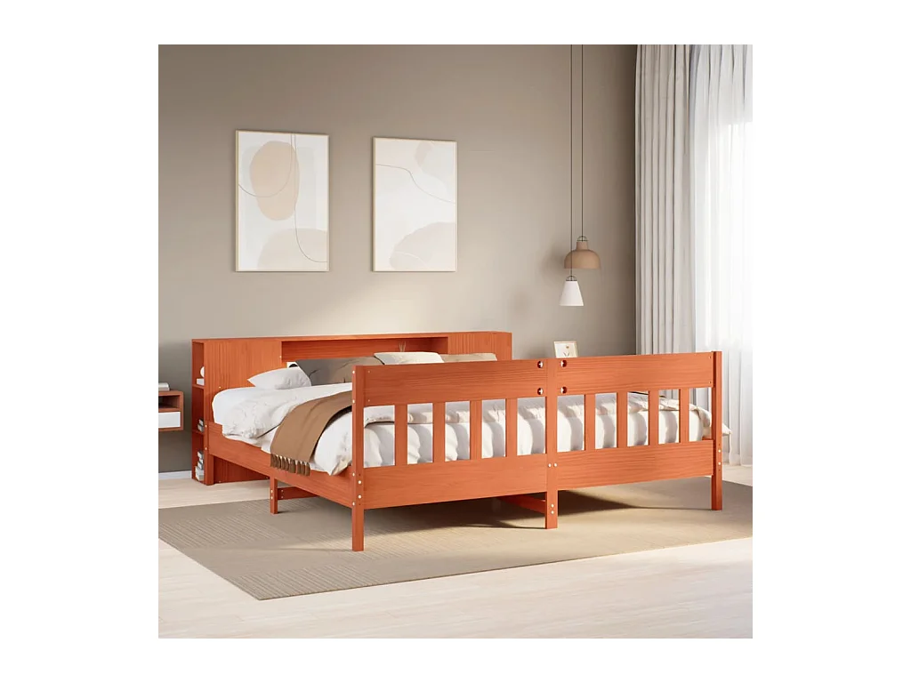 Lit bibliothèque sans matelas cire marron 200x200 cm pin massif