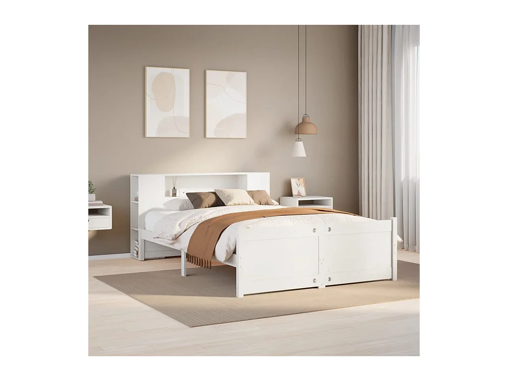 Lit bibliothèque sans matelas blanc 140x190 cm bois pin massif